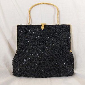 Black Hand-Beaded Clutch Purse
